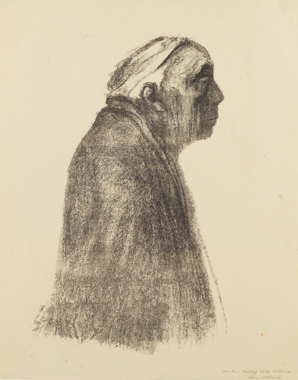 <h2>面朝右侧自画像</h2><p>作者：凯绥 · 珂勒惠支</p><p>创作年代：1938年前后</p><p>规格：48cm×29.5cm</p><p>品类：版画</p>