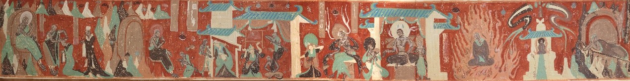 <h2>第257窟沙弥守戒自杀品全景图</h2><p>作者：常沙娜</p><p>创作年代：1947年</p><p>规格：63.2cm×498.7cm</p>